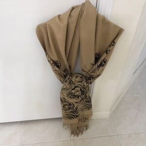 Beige Large Scarf With Black Floral Pattern And Fringe Edges
